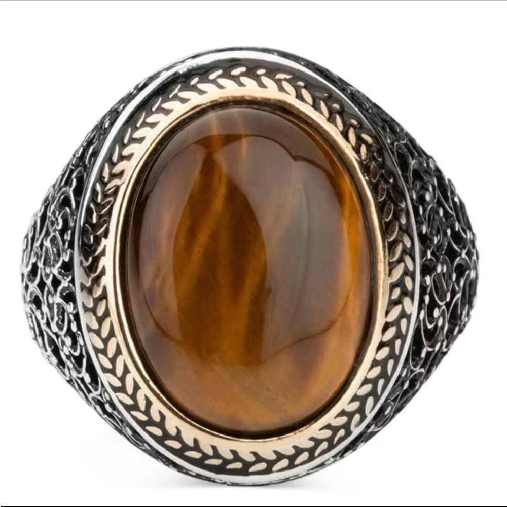 Brown Stone and Cut Metal Silver Oval Ring